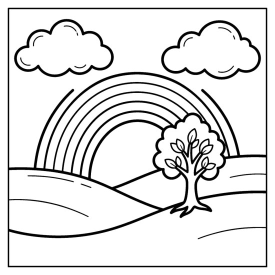 A rainbow arching over a green valley with rolling hills, a tree and clouds, bold and easy