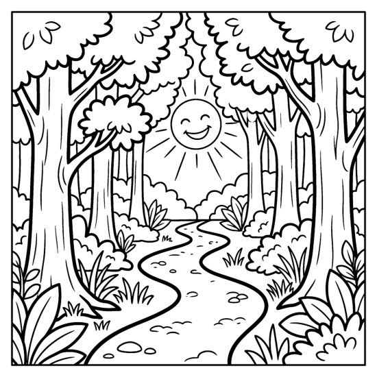 A dirt trail winding through tall trees toward a bright sun in the canopy, bold and easy