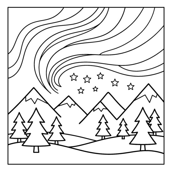 Flowing northern lights over pointed mountains with pine trees and stars below coloring page