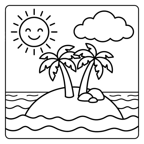 A small island with two palm trees and rocks in calm sea waves under a sun coloring sheet