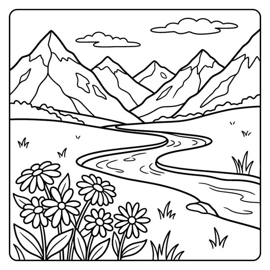 A stream winding through an alpine meadow with wildflowers and pointed peaks coloring page