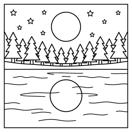 A full moon reflected on a calm lake with pine trees and stars at night coloring sheet