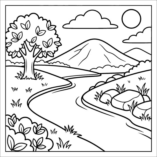 A river curving through grassy banks with rocks, a distant hill and a tree coloring page