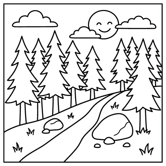 A stand of tall pine trees on a slope with rocks and a narrow trail coloring sheet
