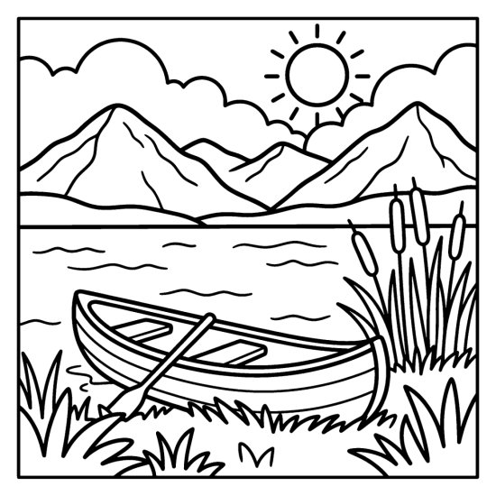 A small empty canoe at the grassy shore of a calm lake below mountains, bold and easy
