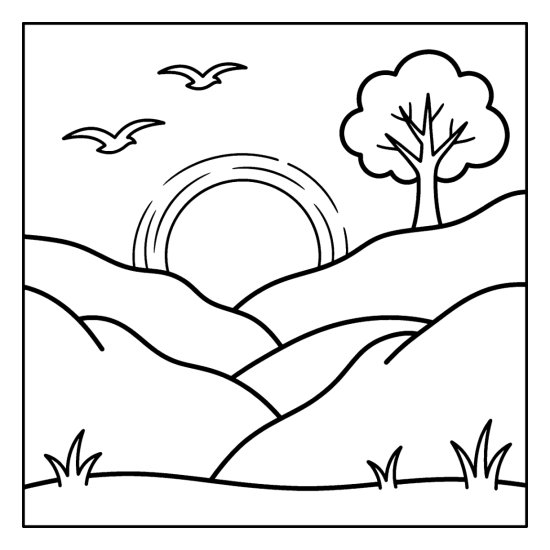 A low sun glowing behind layered ridges with a lone tree and two birds coloring page