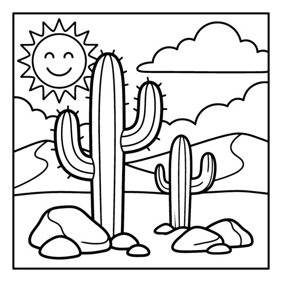 Tall saguaro cactus and a smaller one among desert rocks and dunes under a sun coloring sheet