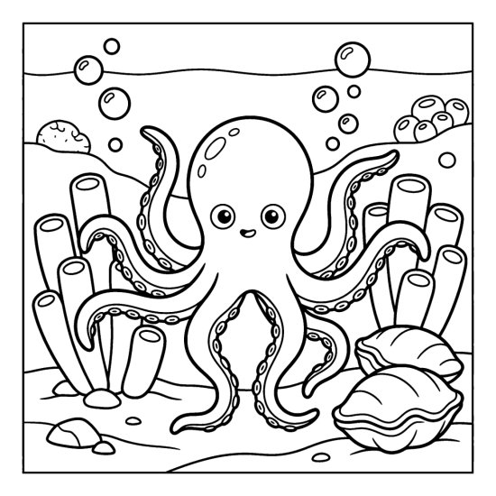 A round octopus with eight curling arms rests among tube sponges and clams, bold and easy
