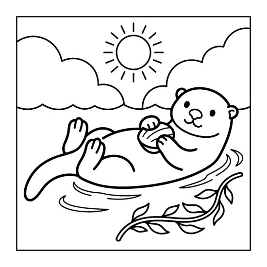 A sea otter floats on its back holding a round clam under a sunny sky, bold and easy