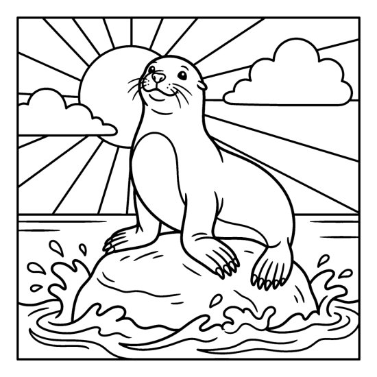 A sea lion balances upright on a rounded rock above splashing waves, coloring sheet
