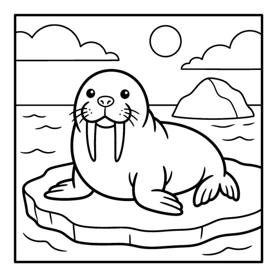 A round walrus with two tusks rests on a flat ice slab near an iceberg, bold and easy