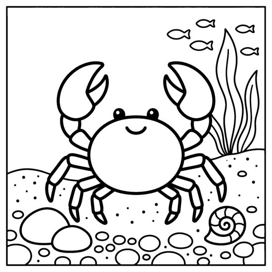 A round crab raises both claws on the seabed with small fish and shells, bold and easy
