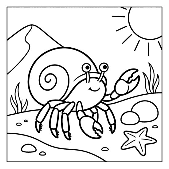 A hermit crab carries its spiral shell across the sand near a starfish, coloring page