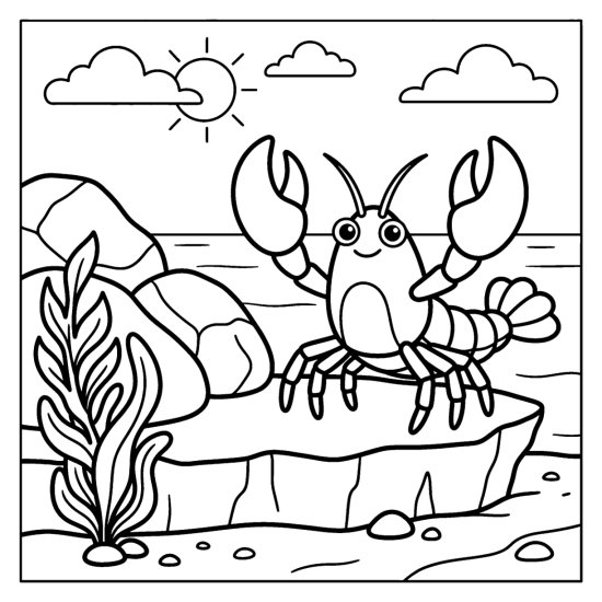 A lobster lifts both large claws on a rocky ledge beside seaweed, bold and easy