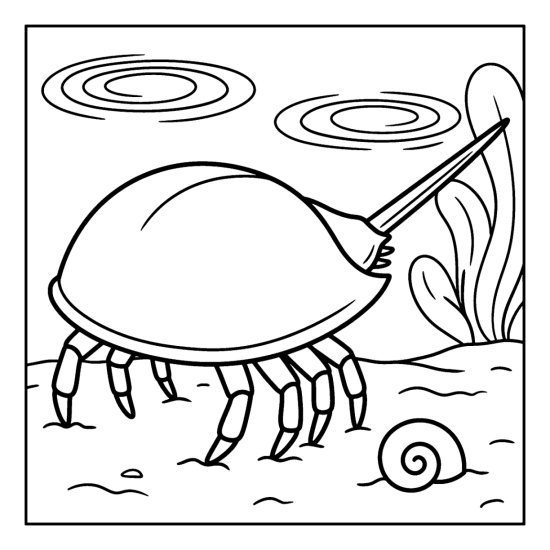 A domed horseshoe crab with a long tail walks the shallow sandy bottom, bold and easy