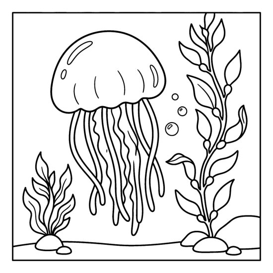 A round jellyfish drifts upward with long trailing tentacles past kelp, coloring page