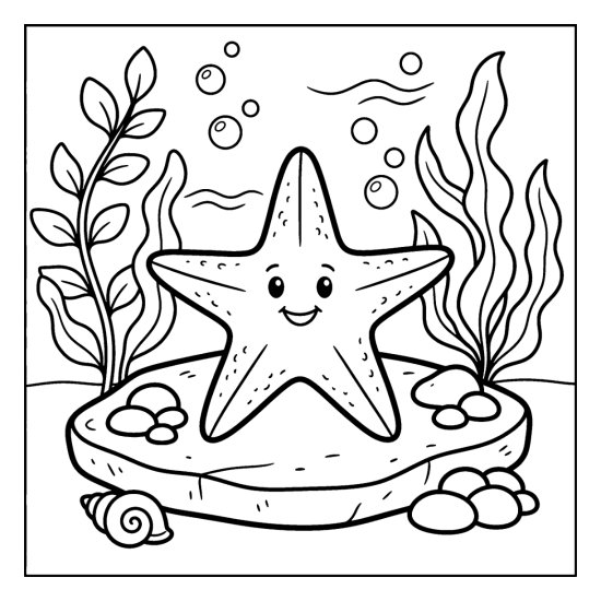 A five armed starfish rests on a stone among seaweed and pebbles, bold and easy
