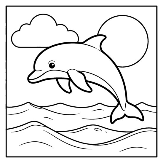 A smiling dolphin leaps over rolling waves beneath a sun and cloud, coloring page