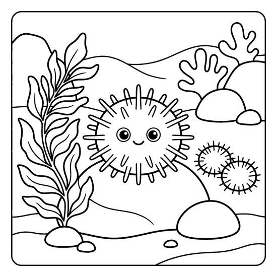 A round sea urchin with short spines sits on a rock by seaweed, bold and easy
