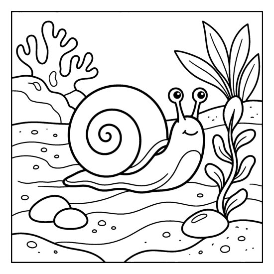 A sea snail with a big spiral shell glides across rippled sand by seaweed, bold and easy