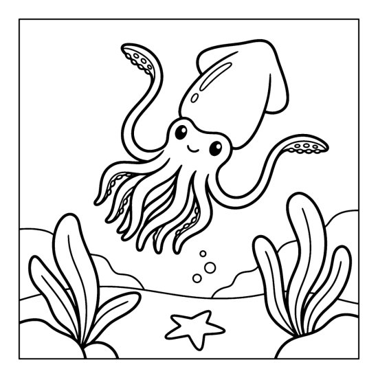 A squid drifts with long tentacles and arms trailing above a starfish, bold and easy