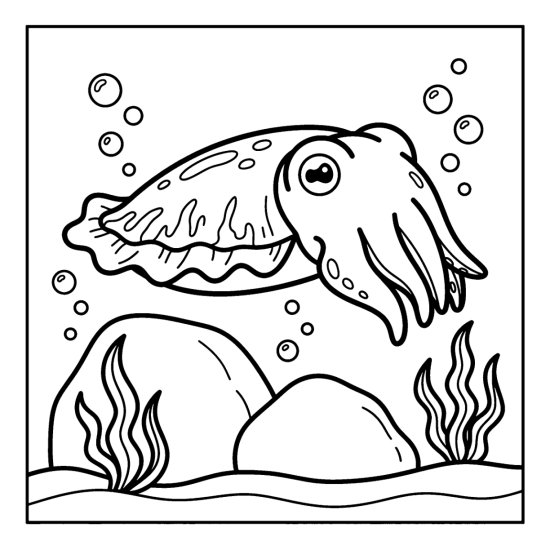 A cuttlefish hovers with a frilly side fin and short arms near rocks, coloring sheet