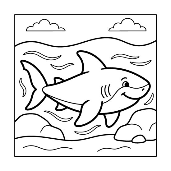 A smiling shark cruises over the seafloor with fins and tail visible, bold and easy