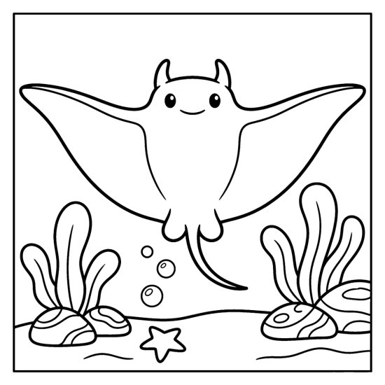 A manta ray spreads two wide wings and head fins above seaweed and a starfish, bold and easy