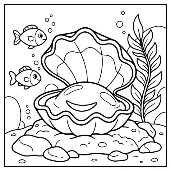 A smiling giant clam opens its wavy shell on rocks with two little fish, bold and easy