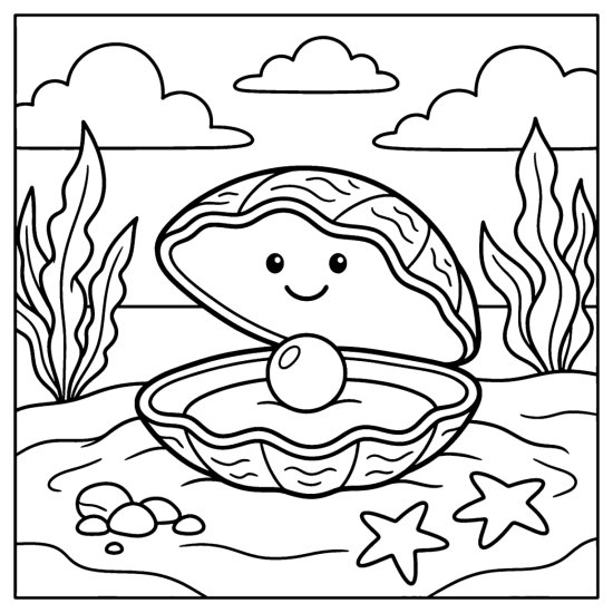 An open oyster shell holds a round pearl on rippled sand near starfish, coloring sheet