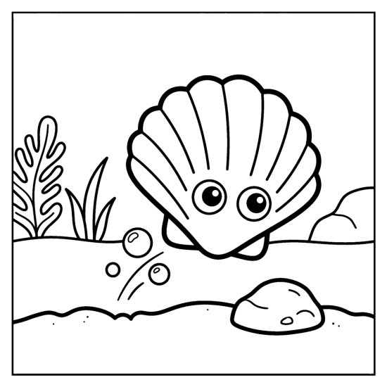 A scallop with a ridged fan shell hops above the sandy bottom near seaweed, bold and easy