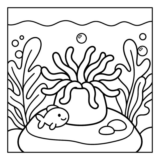 A round sea anemone with waving tentacles sits on a rock with a tiny fish, coloring page