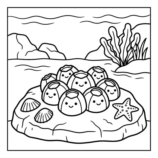 A cluster of smiling barnacles sits on a tide pool rock with a starfish, bold and easy