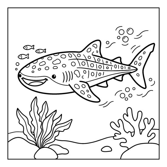 A spotted whale shark glides over seaweed and coral with tiny fish nearby, coloring sheet
