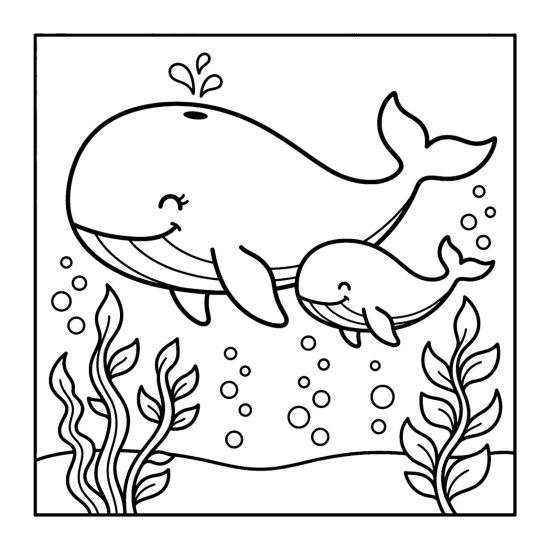 A blue whale swims beside its small calf among kelp and bubbles, bold and easy