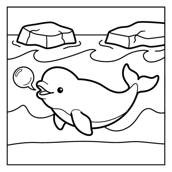 A round beluga blows a bubble ring below floating ice chunks, coloring page