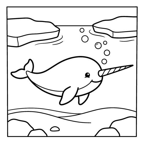 A narwhal points its long straight tusk forward past ice and bubbles, coloring sheet