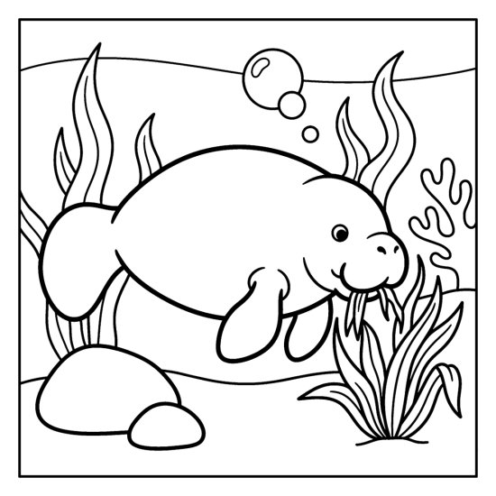 A round manatee grazes on tall seagrass beside smooth rocks, bold and easy