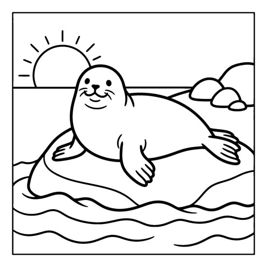 A seal lounges on a smooth rock above lapping waves under a low sun, coloring page