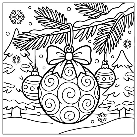 A round swirl patterned ornament with a bow hanging from a pine branch with smaller baubles, coloring page
