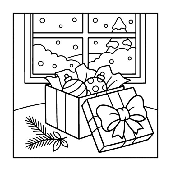 Two round ornaments resting in an open gift box with a bow on a table by a window, bold and easy