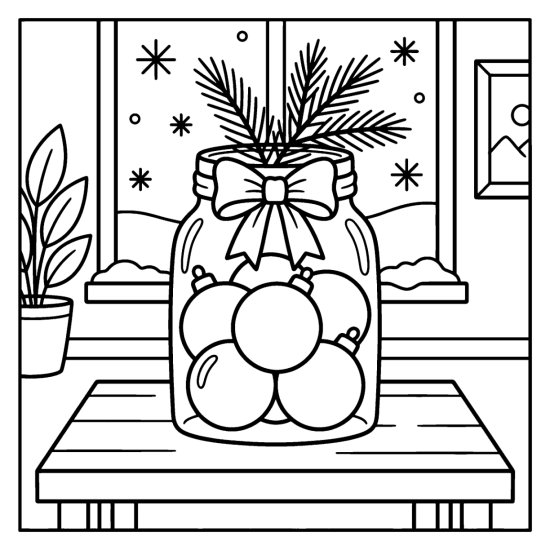 A glass jar filled with round ornaments and a pine sprig on a table by a window, coloring sheet