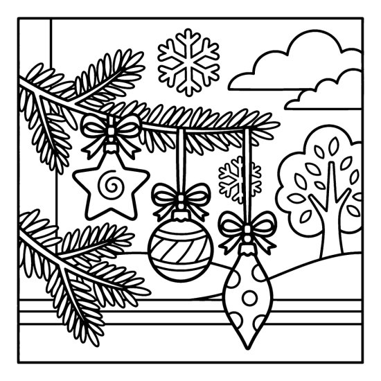A round, teardrop and star ornament hanging at different heights from a pine branch with bows, bold and easy