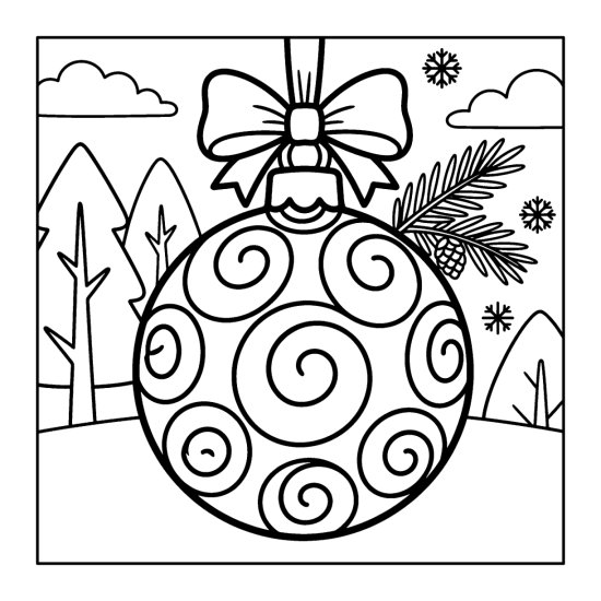 A very large round ornament covered in bold swirls hanging from a ribbon and bow by a pine sprig, coloring page