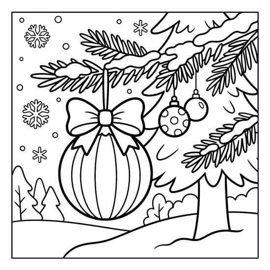 A round ornament with wide vertical stripes and a bow on a snowy branch with small baubles, bold and easy