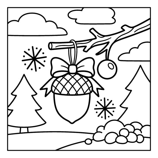 An acorn shaped ornament with a cap pattern and a bow on a pine twig with a berry, bold and easy