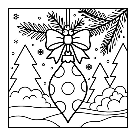 A teardrop ornament covered in large polka dots hanging from a bow with a pine sprig, coloring sheet