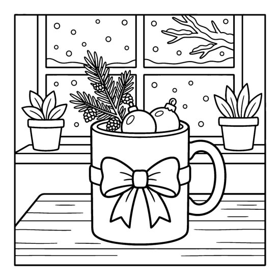 A big mug holding two round ornaments and a pine sprig with a bow on a table, bold and easy