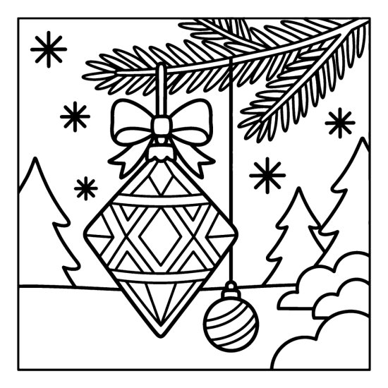 A diamond shaped ornament with a bordered pattern and a bow on a pine branch with a bauble, coloring page