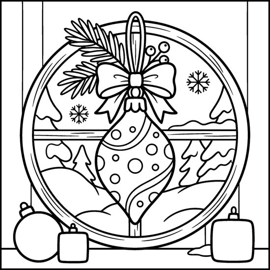 A teardrop ornament with large dots and a bow hanging in a round window with a pine sprig, bold and easy